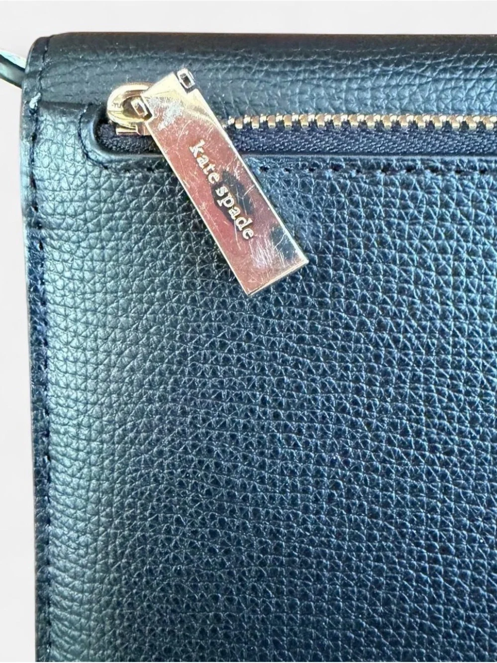 kate spade Black Pebbled Leather Logo Wallet with Gold Hardware